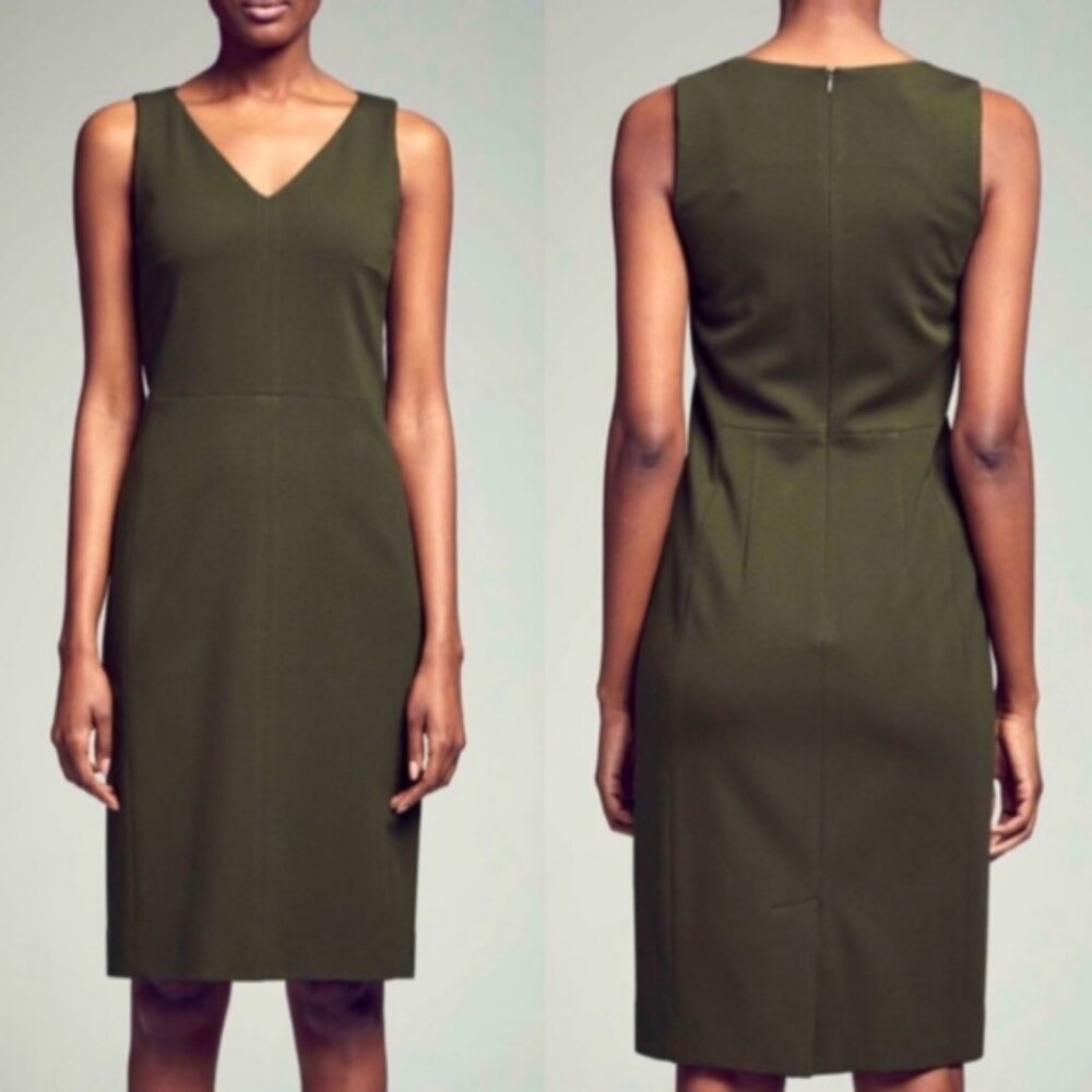MM Lafleur Rachel Dress Olive Green Size 10 Sleeveless Sheath Ponte Knit Stretch